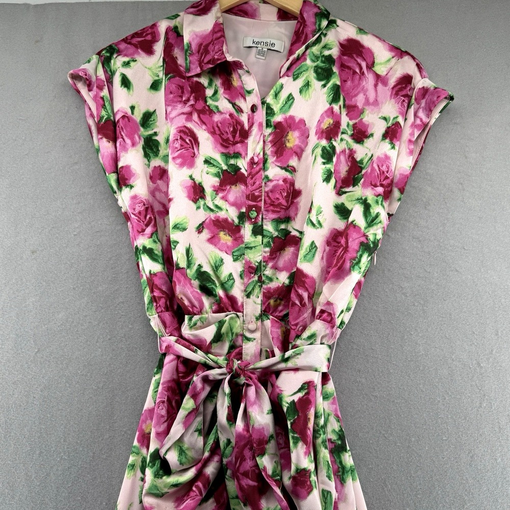Kensie Charmeuse Shirtdress Size 6 Pink Floral Tie Waist Ruched Feminine Chic